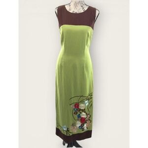 Donna Morgan Linen Midi Dress Green Floral Sheath Minimalist 4 Artsy European